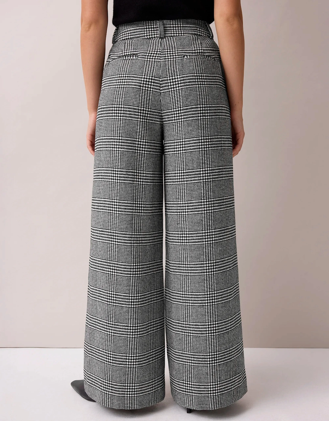 Petite Mono Check Wide Leg Trousers With Wool