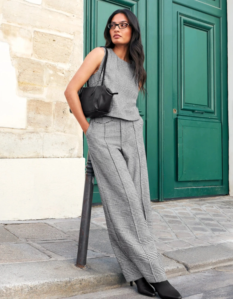 Mono Check Wide Leg Trousers With Wool
