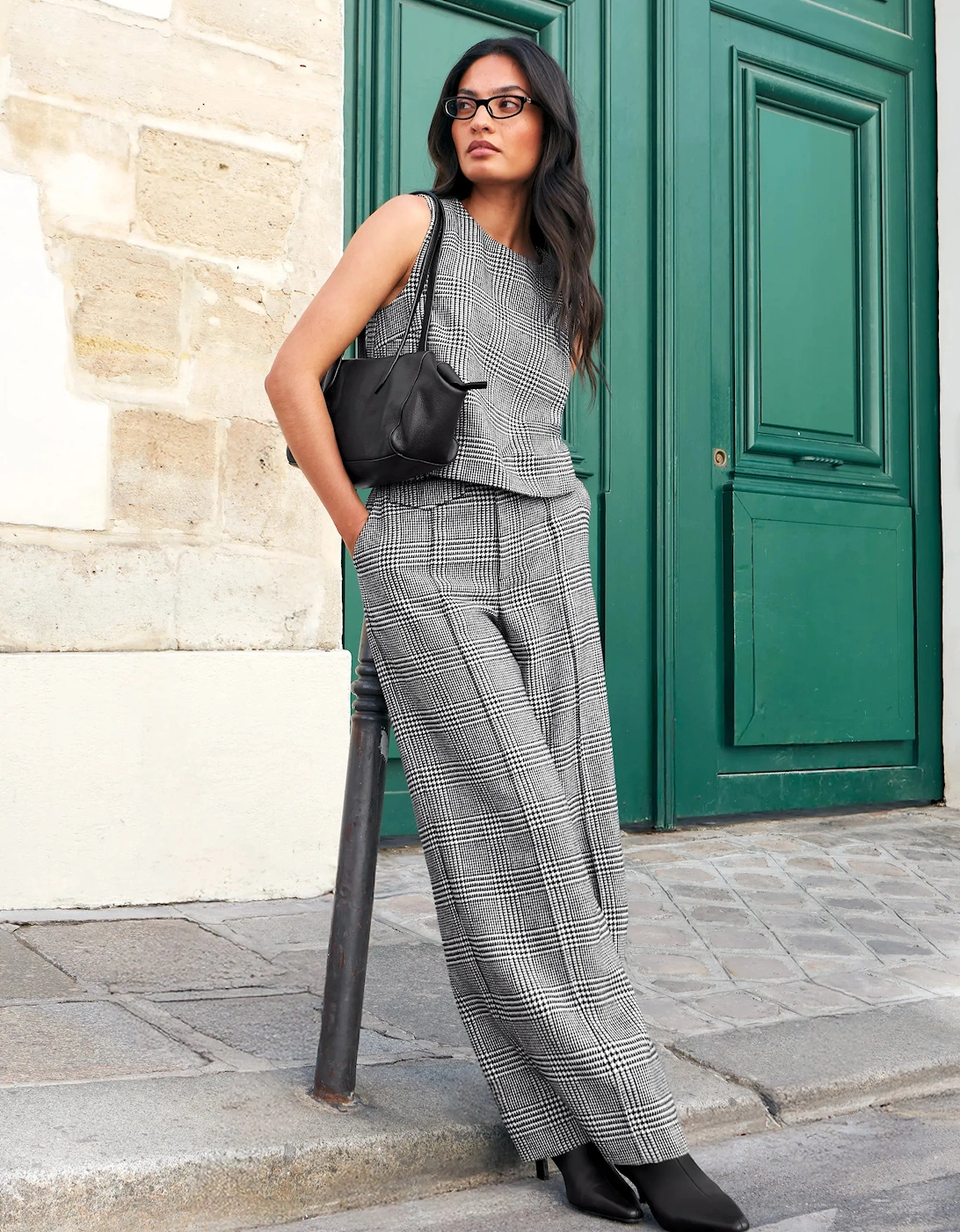 Mono Check Wide Leg Trousers With Wool