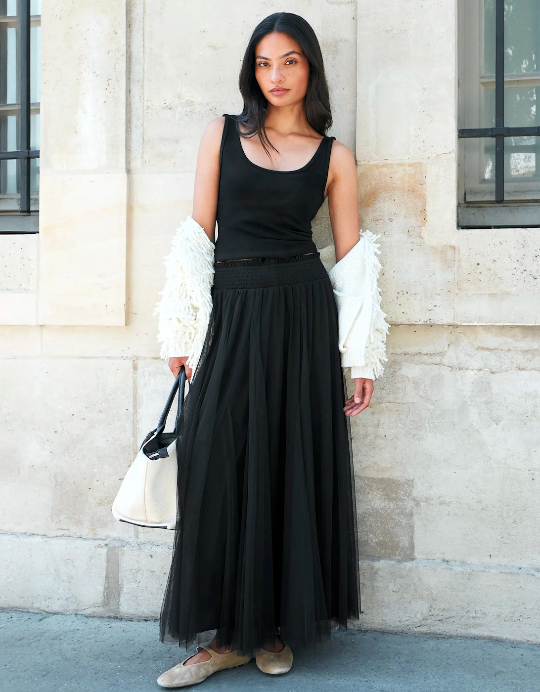 Black Tulle Shirred Waist Skirt