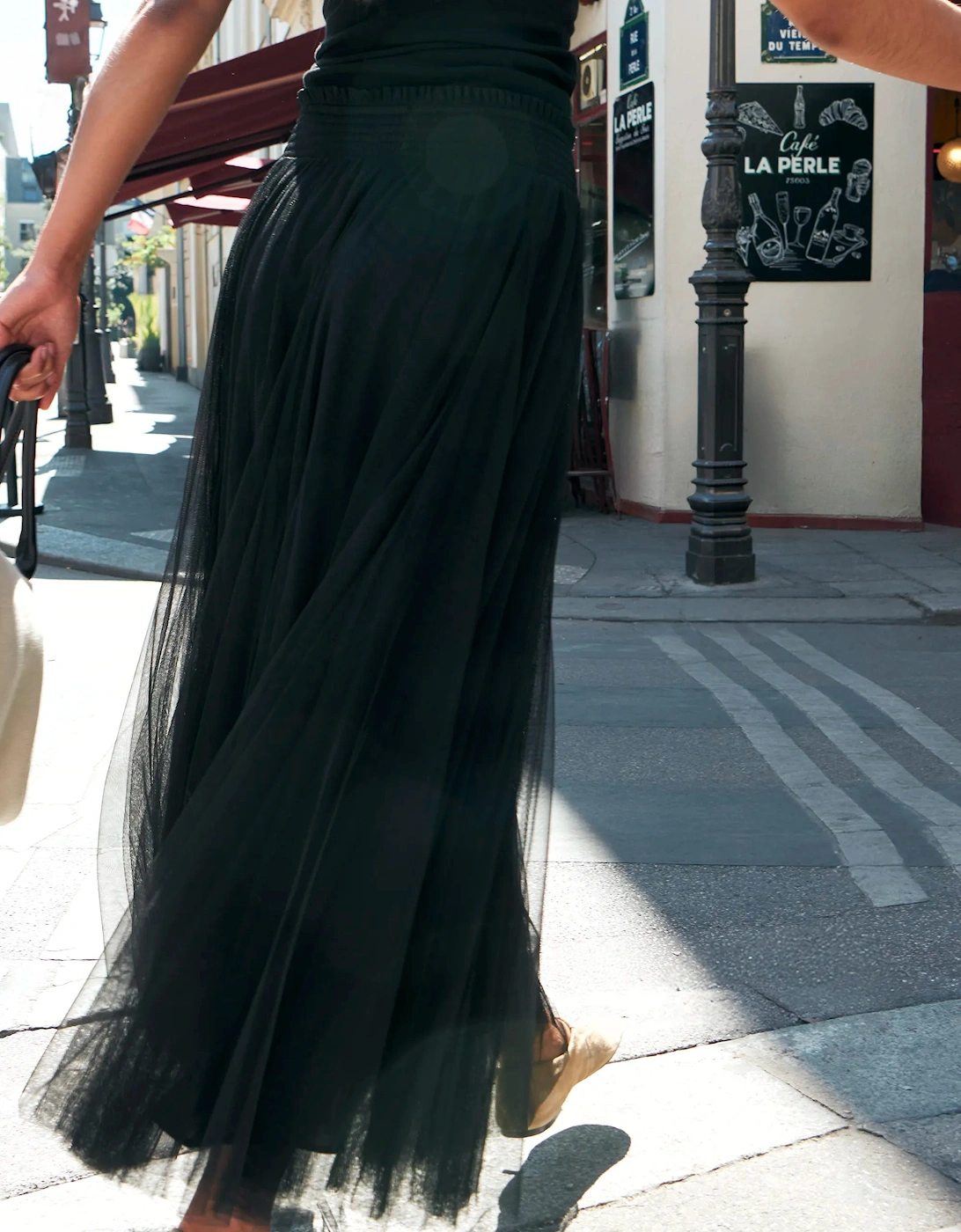 Black Tulle Shirred Waist Skirt