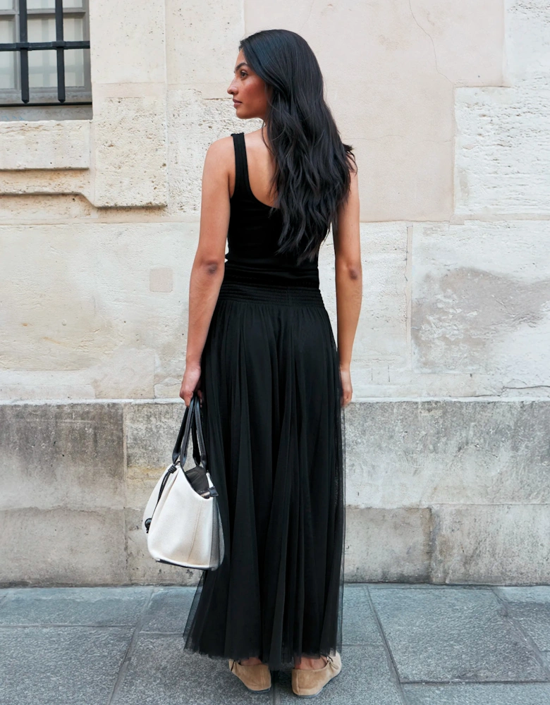 Black Tulle Shirred Waist Skirt