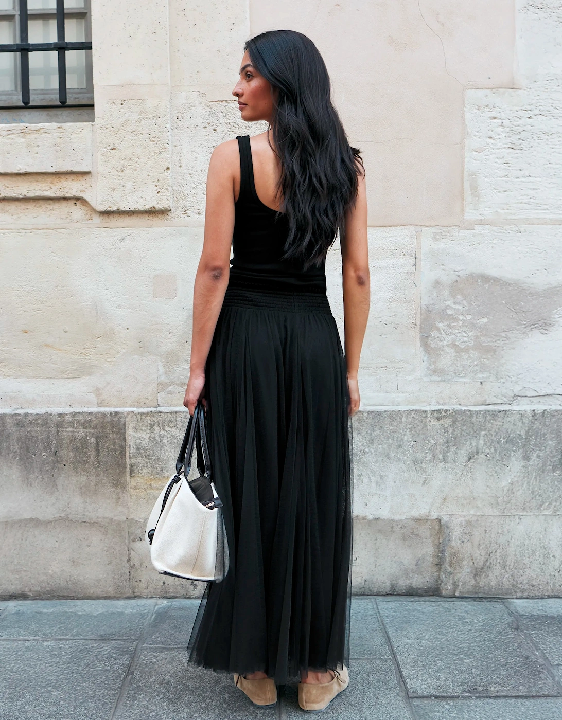 Black Tulle Shirred Waist Skirt