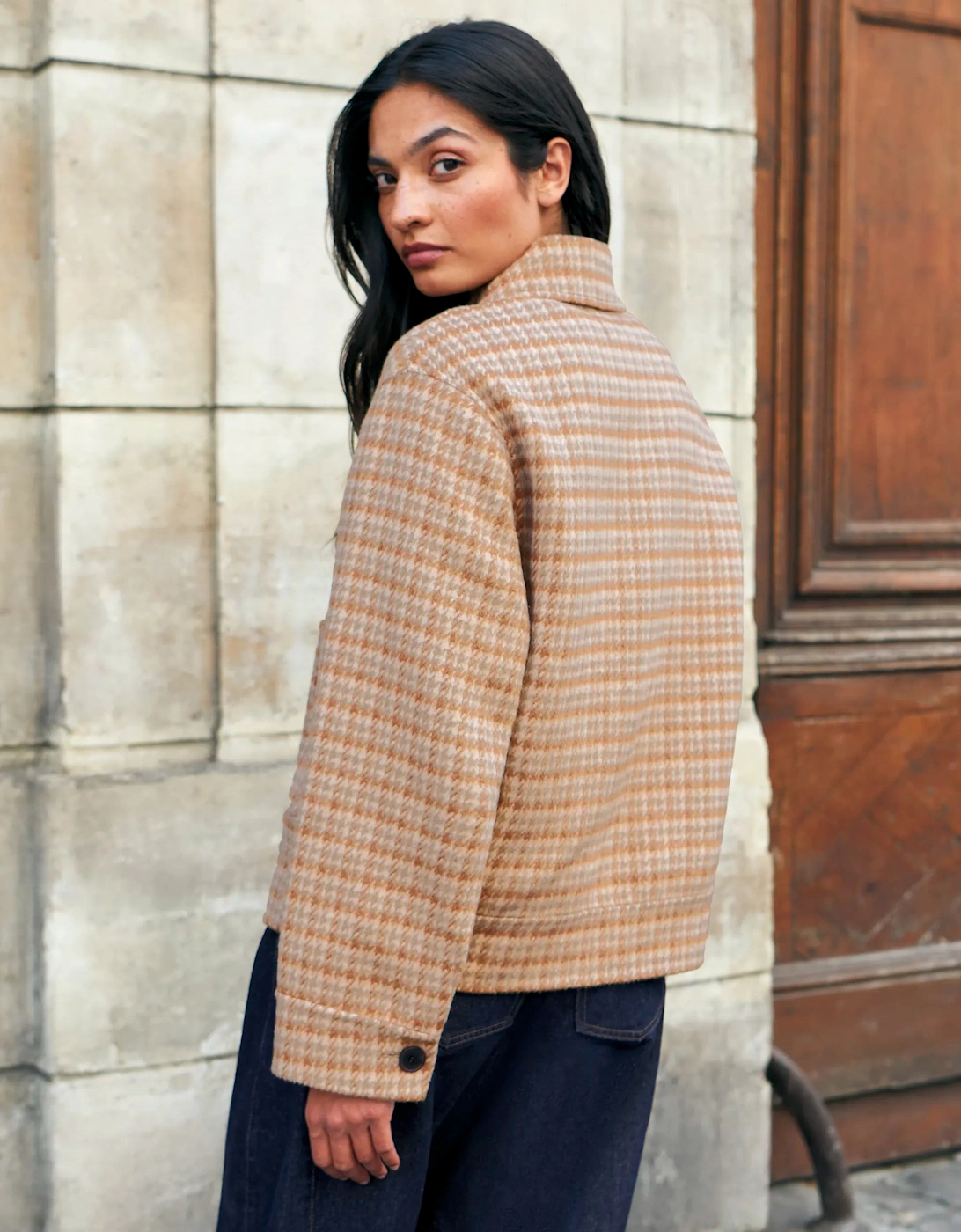 Camel Check Double-Faced Jacket With Wool
