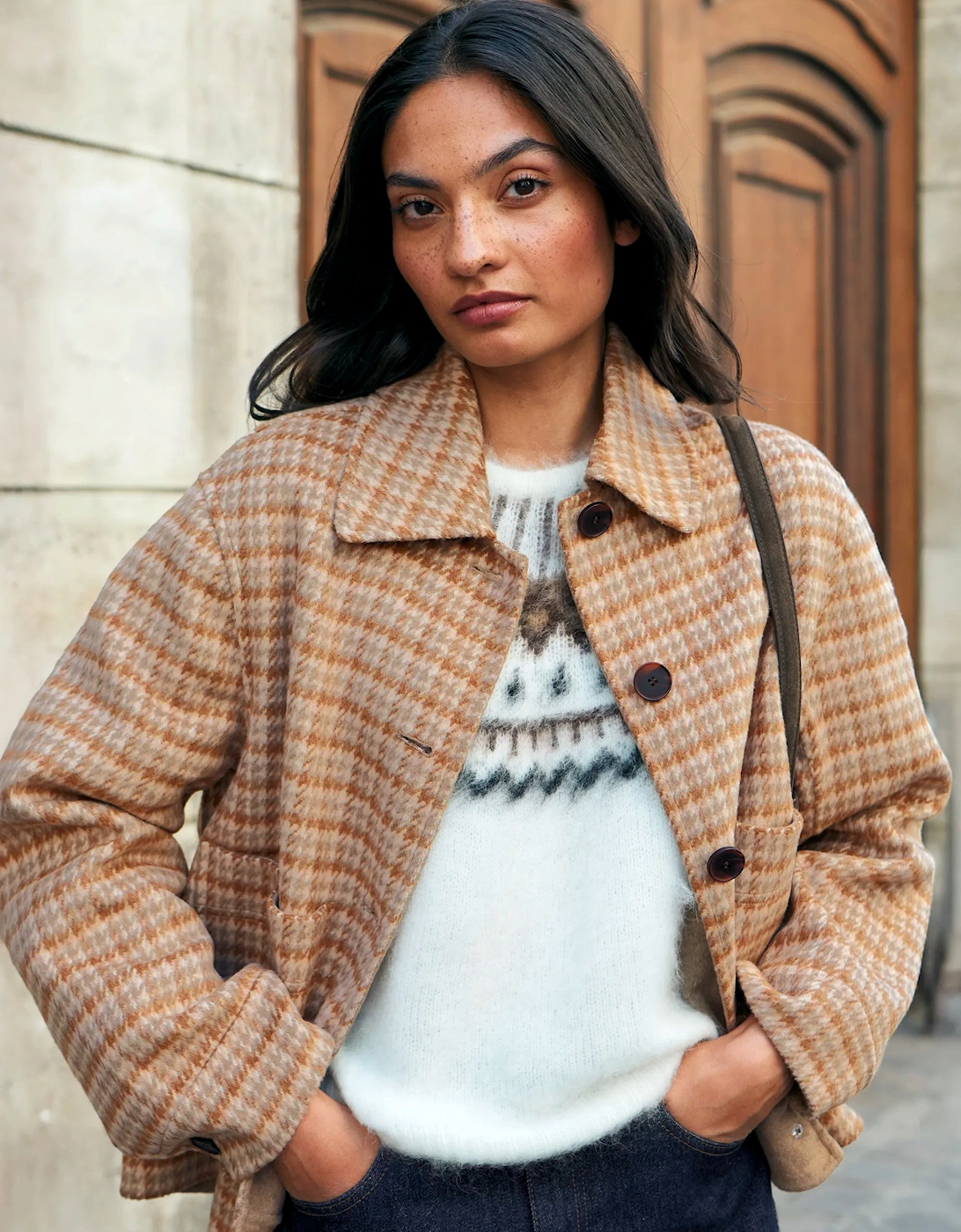 Camel Check Double-Faced Jacket With Wool