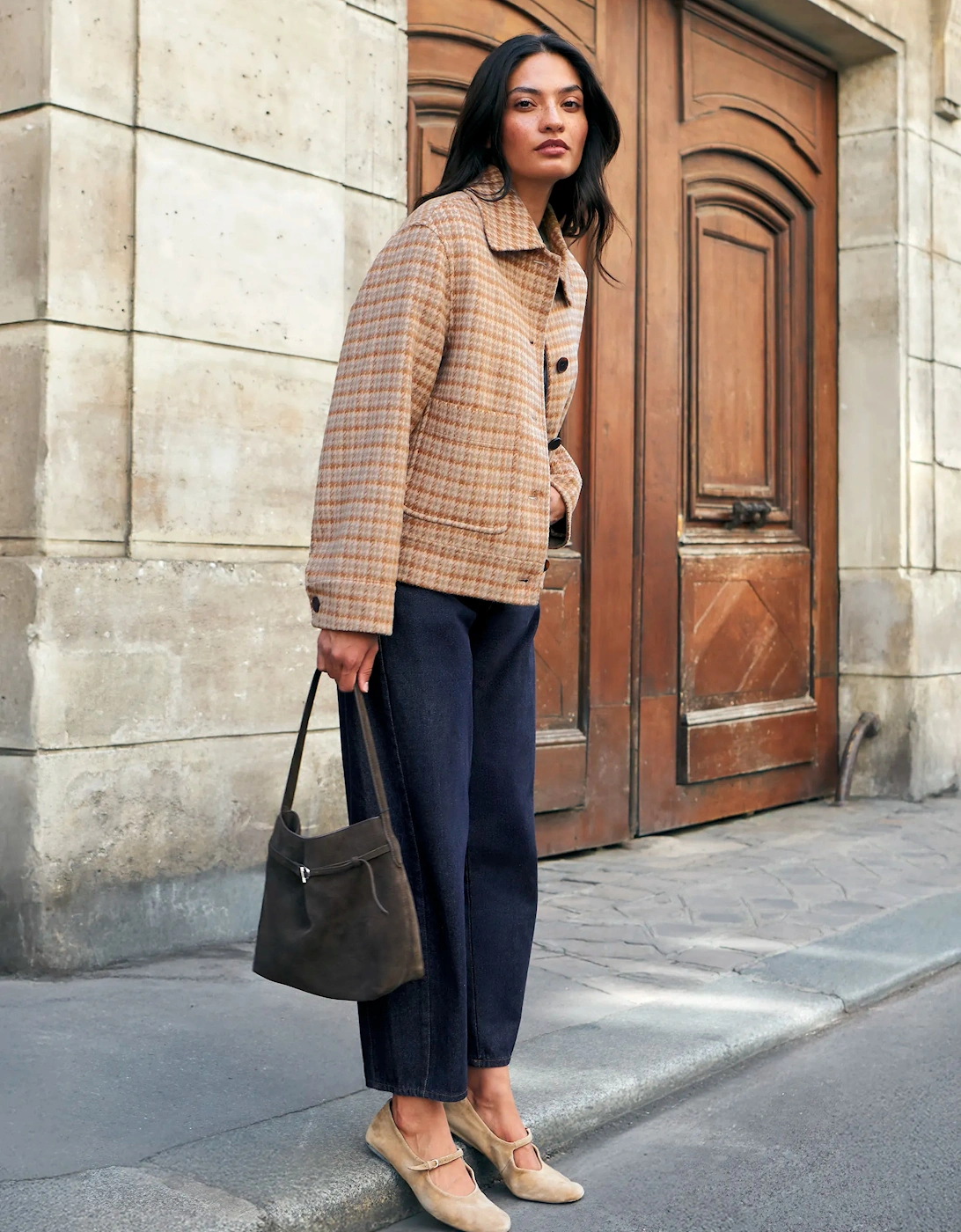 Camel Check Double-Faced Jacket With Wool
