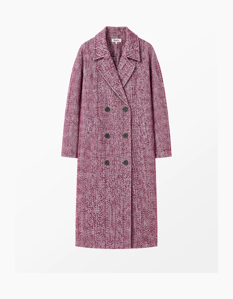 Pink Herringbone Cocoon Coat With Wool