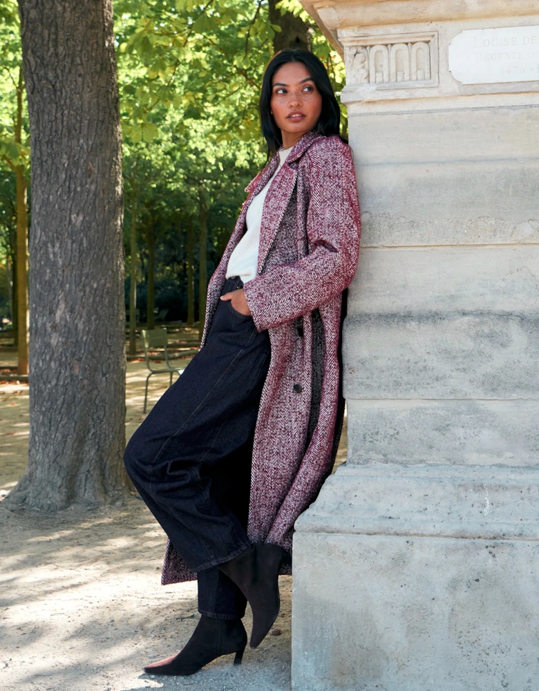 Pink Herringbone Cocoon Coat With Wool