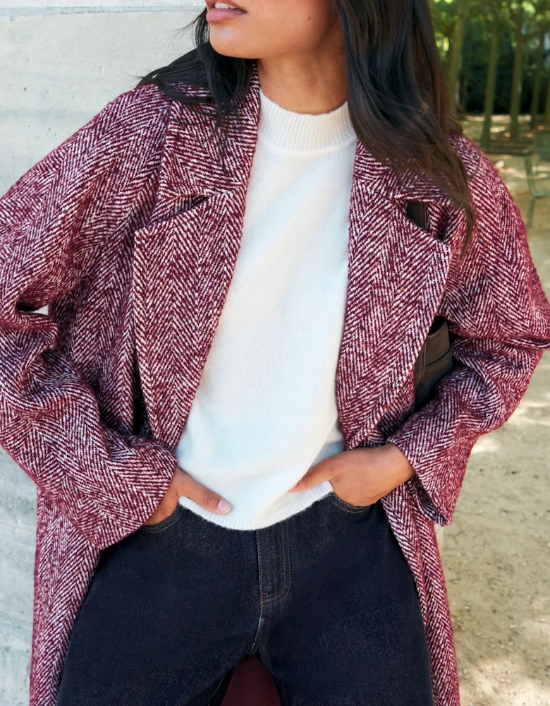 Pink Herringbone Cocoon Coat With Wool