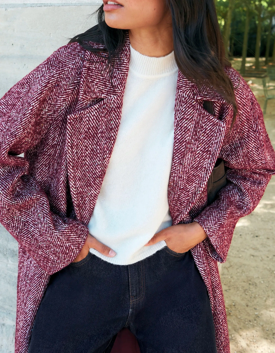 Pink Herringbone Cocoon Coat With Wool