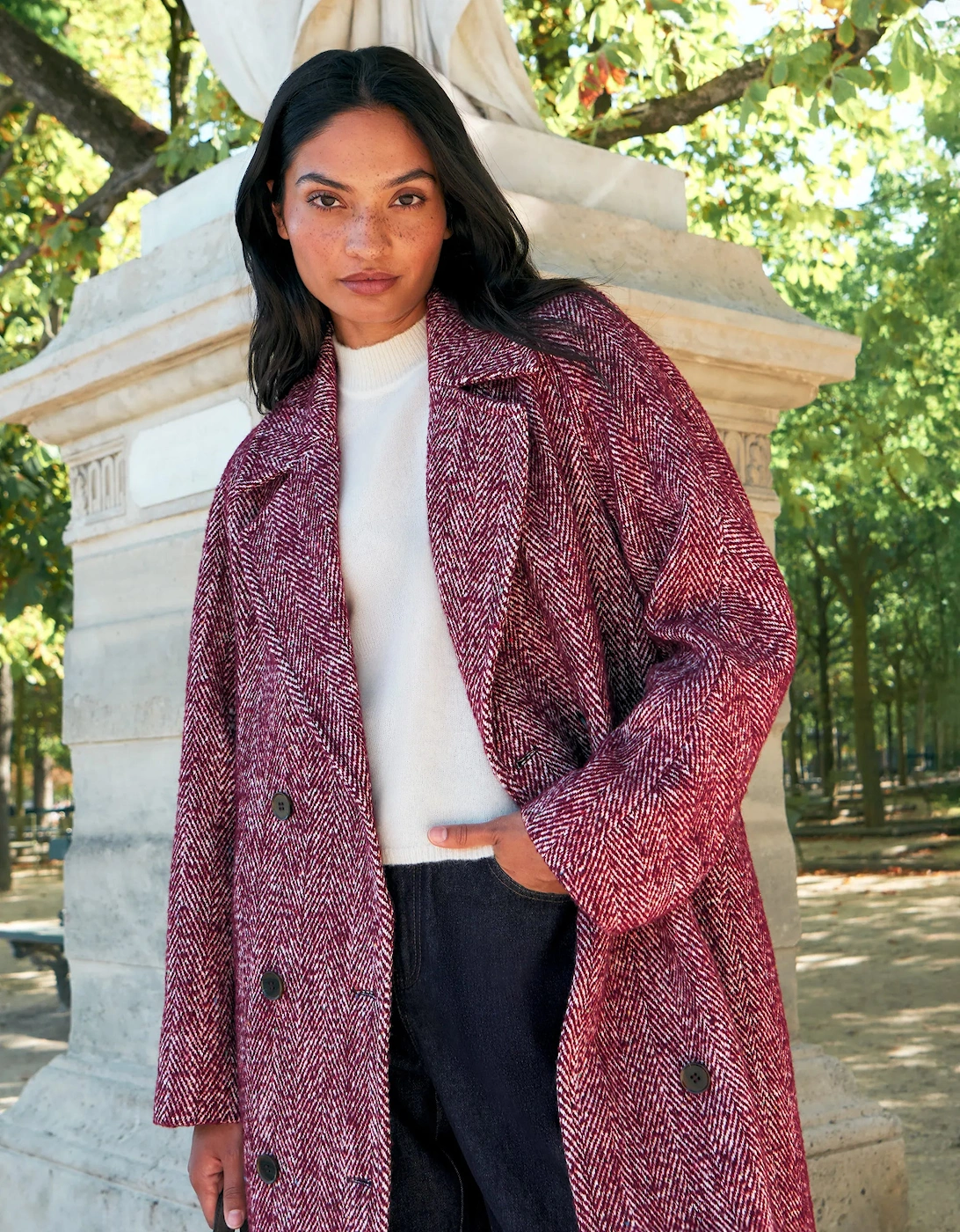 Pink Herringbone Cocoon Coat With Wool