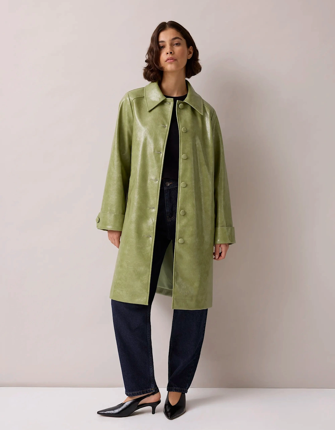 Green Faux Leather Car Coat