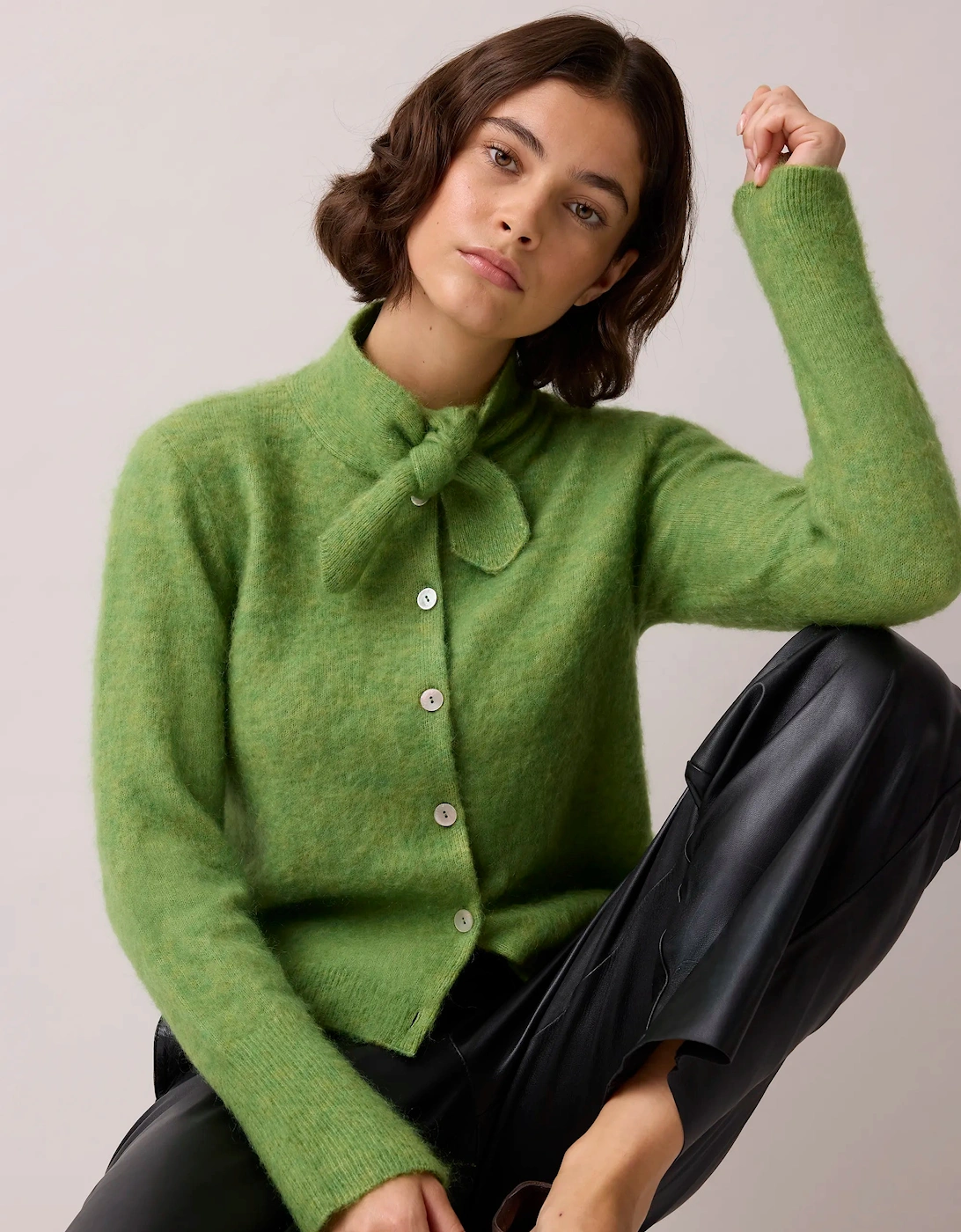 Green Brushed Neckerchief Cardigan With Wool And Mohair