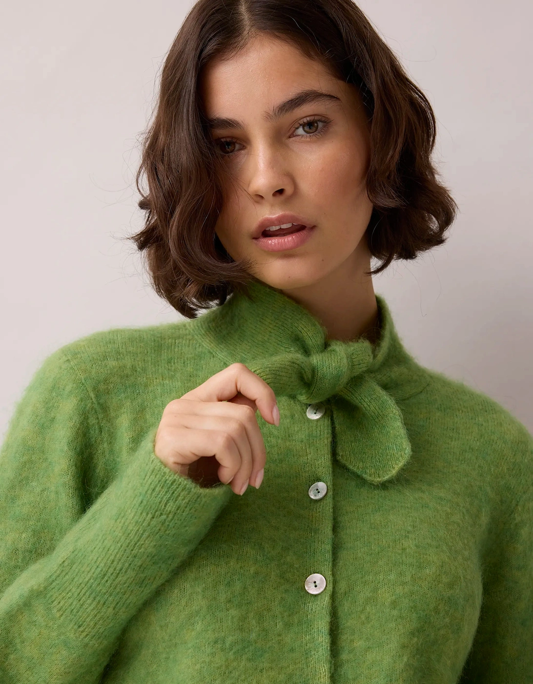 Green Brushed Neckerchief Cardigan With Wool And Mohair