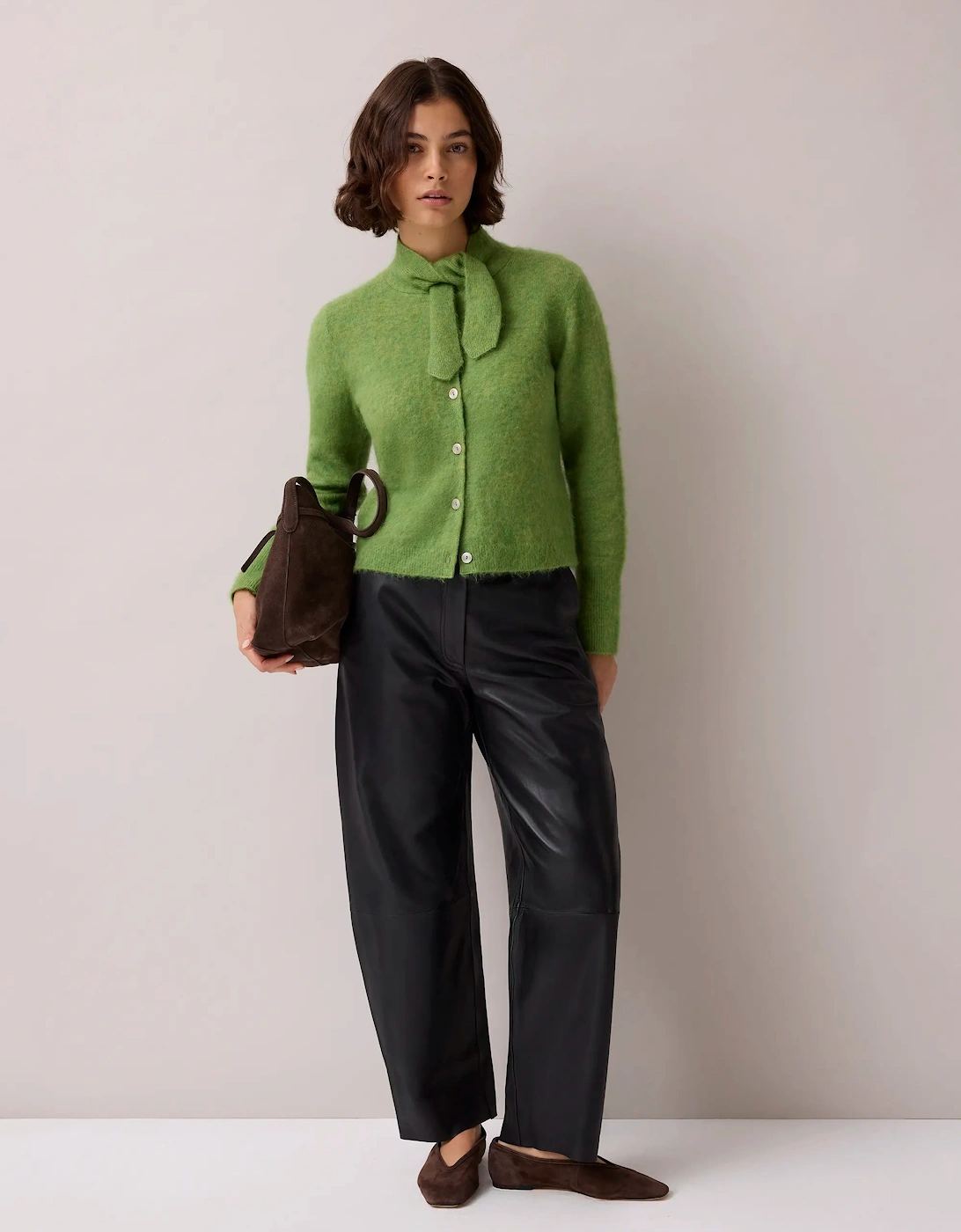 Green Brushed Neckerchief Cardigan With Wool And Mohair