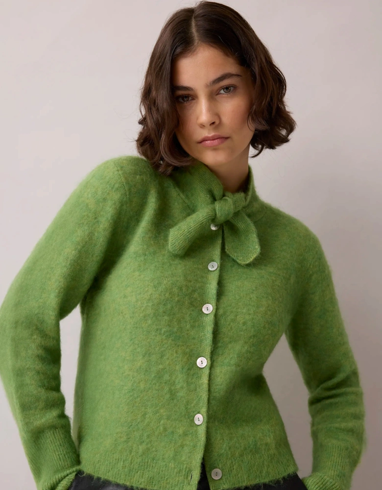Green Brushed Neckerchief Cardigan With Wool And Mohair