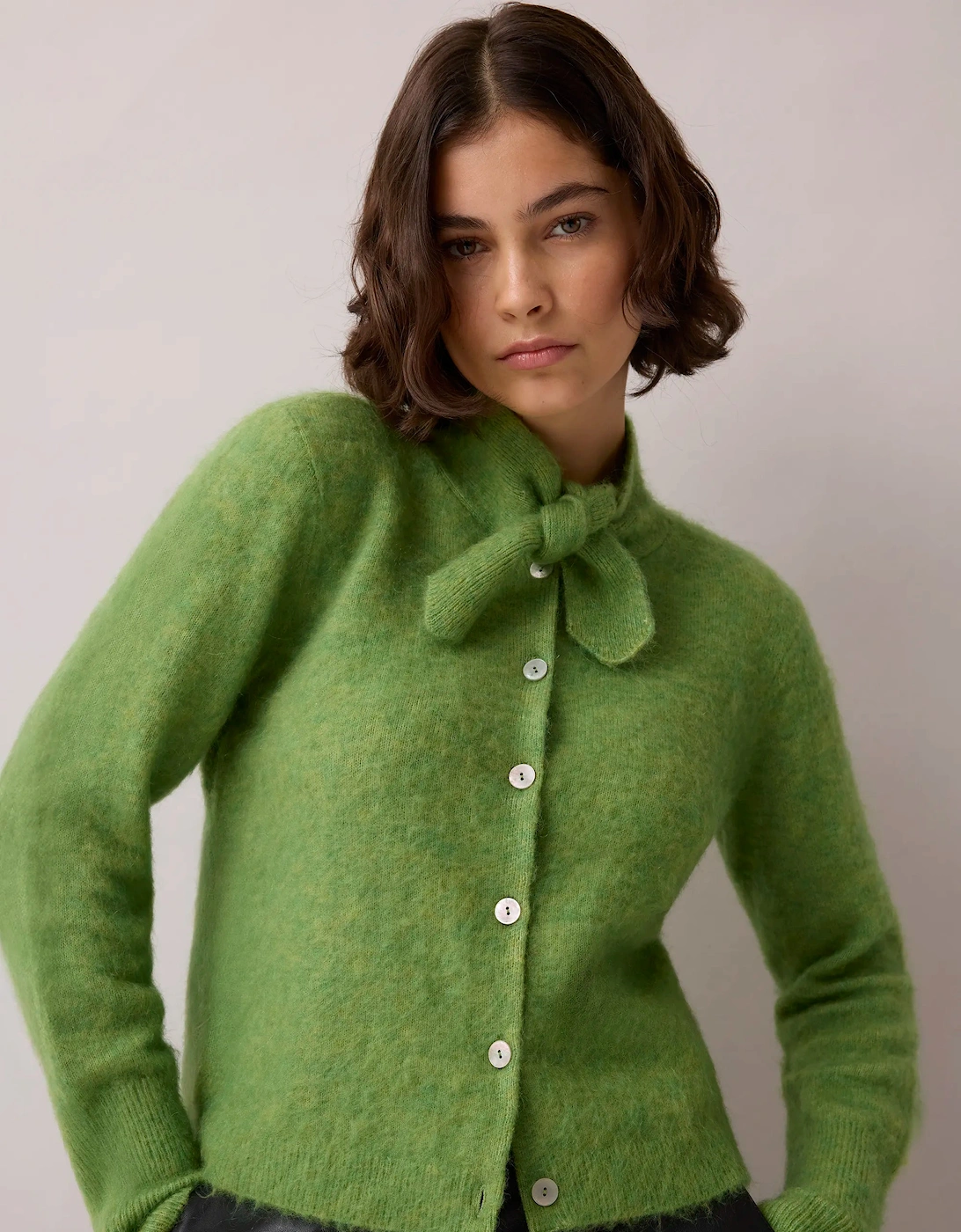 Green Brushed Neckerchief Cardigan With Wool And Mohair