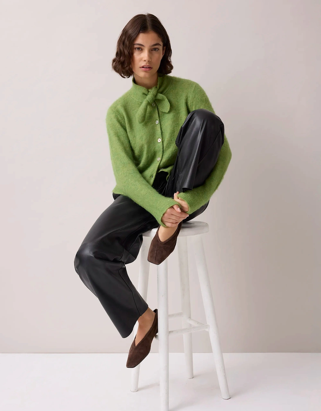 Green Brushed Neckerchief Cardigan With Wool And Mohair