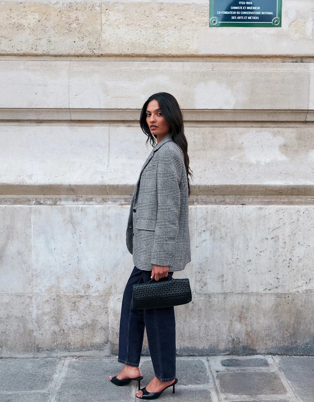 Petite Mono Check Oversized Blazer With Wool