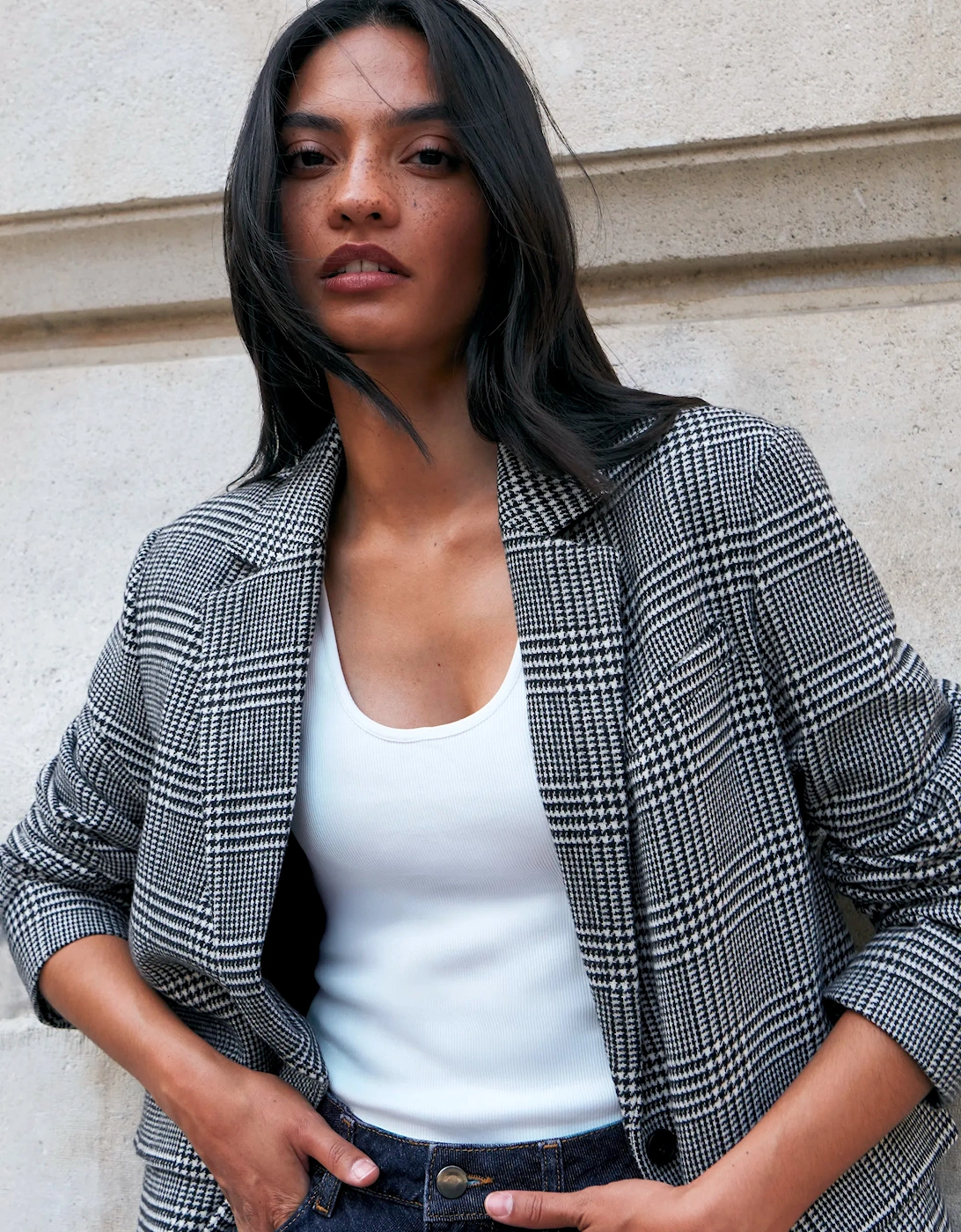 Petite Mono Check Oversized Blazer With Wool