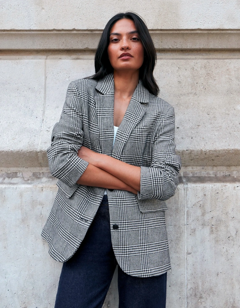 Petite Mono Check Oversized Blazer With Wool