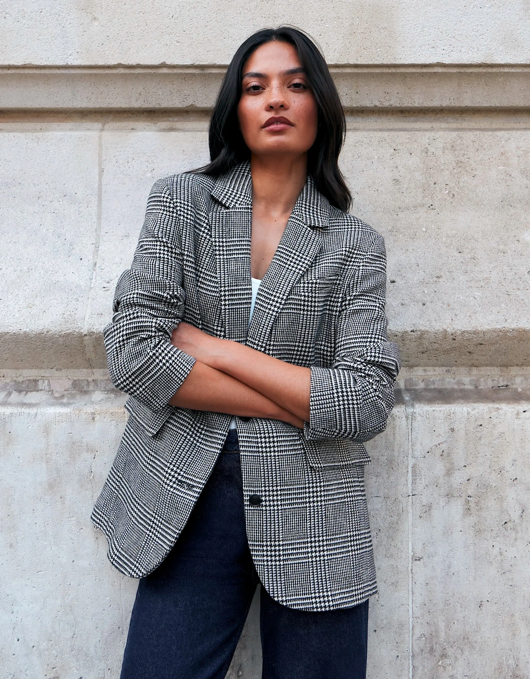 Petite Mono Check Oversized Blazer With Wool