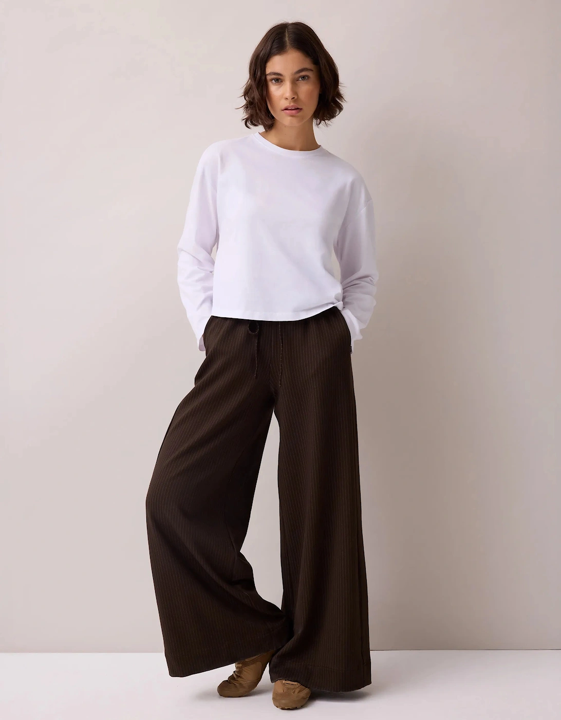 Petite Brown Pinstripe Wide Leg Jogger