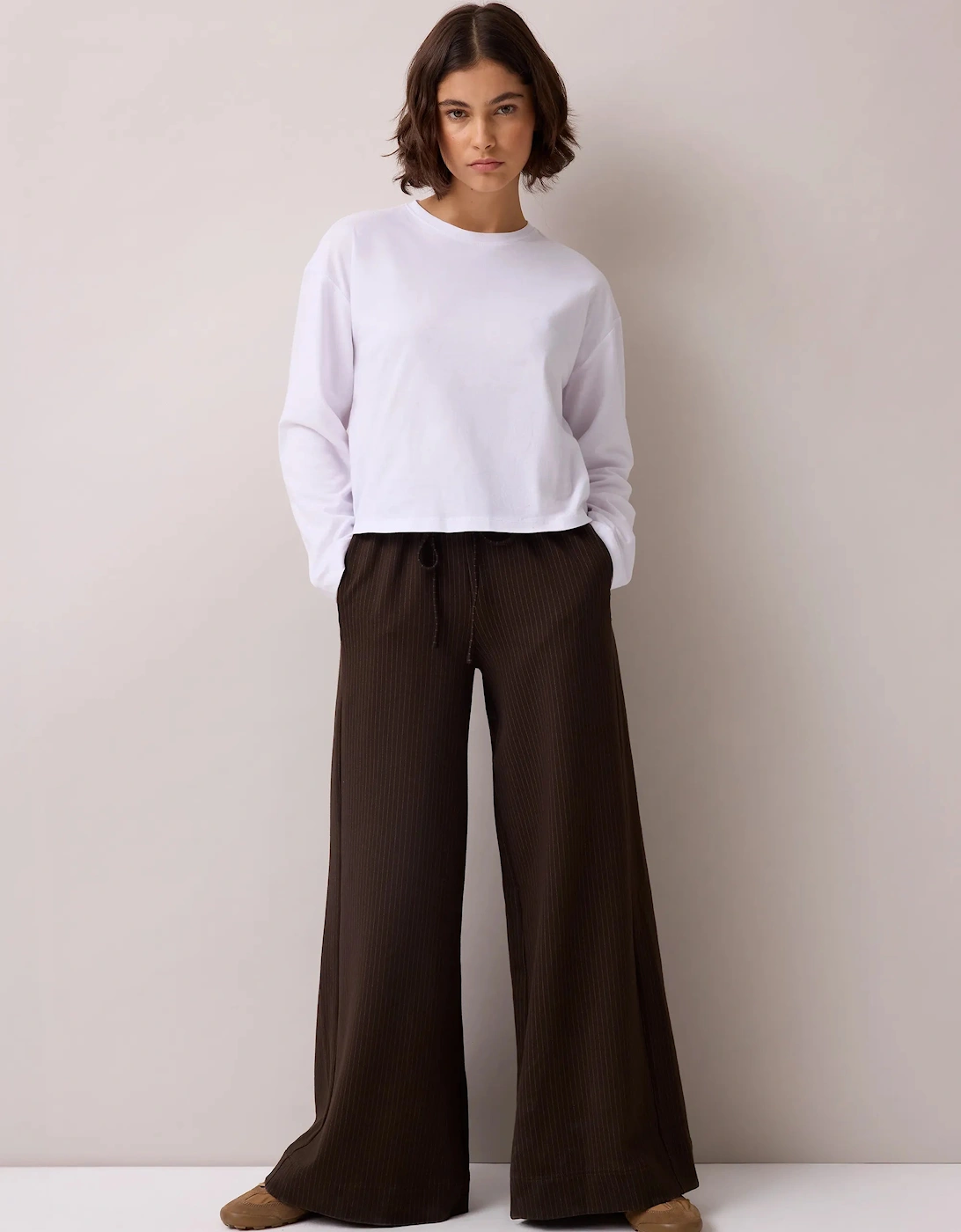Petite Brown Pinstripe Wide Leg Jogger