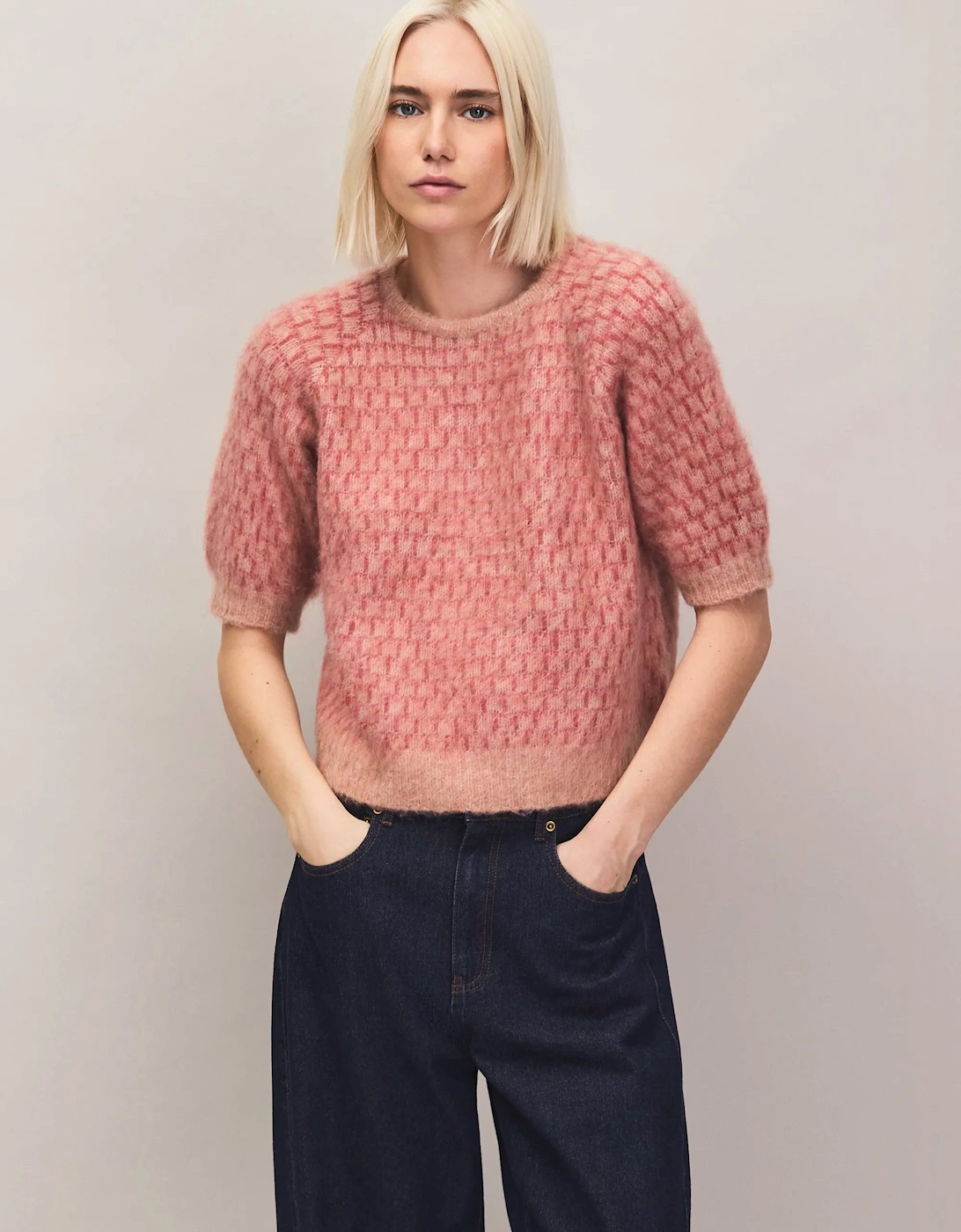 Pink Stitch Brushed Knit Top With Wool And Alpaca