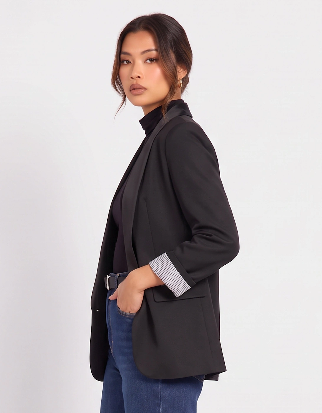 Black Contrast Sleeve Edge To Edge Blazer