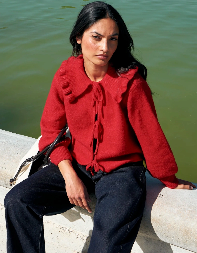Red Tie Front Cardigan With Wool