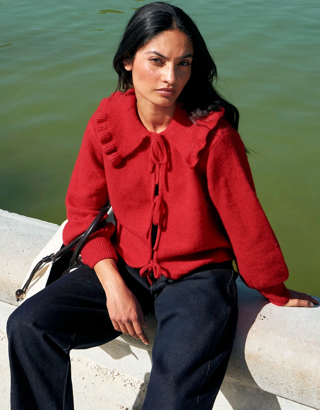 Red Tie Front Cardigan With Wool