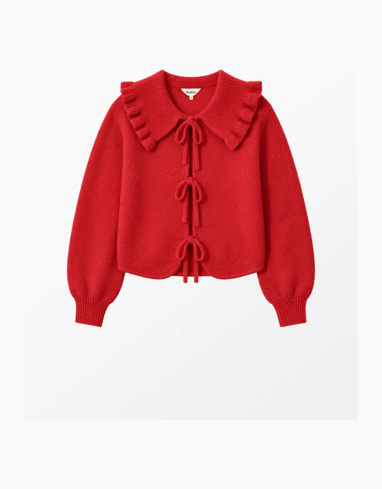 Red Tie Front Cardigan With Wool