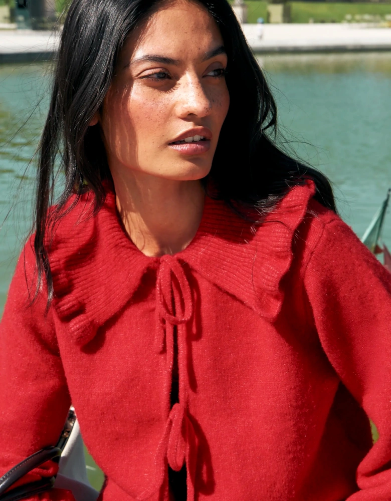 Red Tie Front Cardigan With Wool