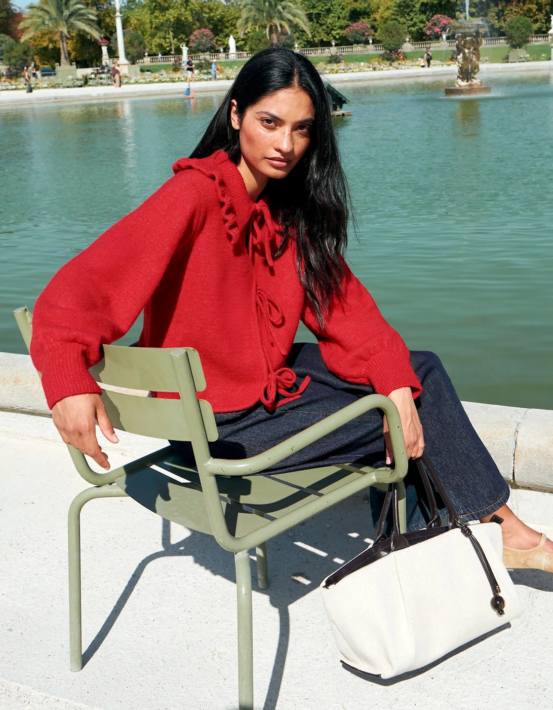 Red Tie Front Cardigan With Wool