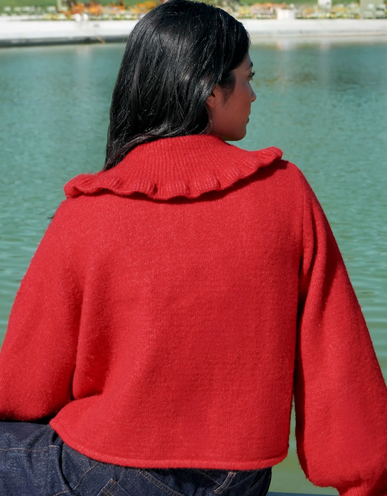 Red Tie Front Cardigan With Wool