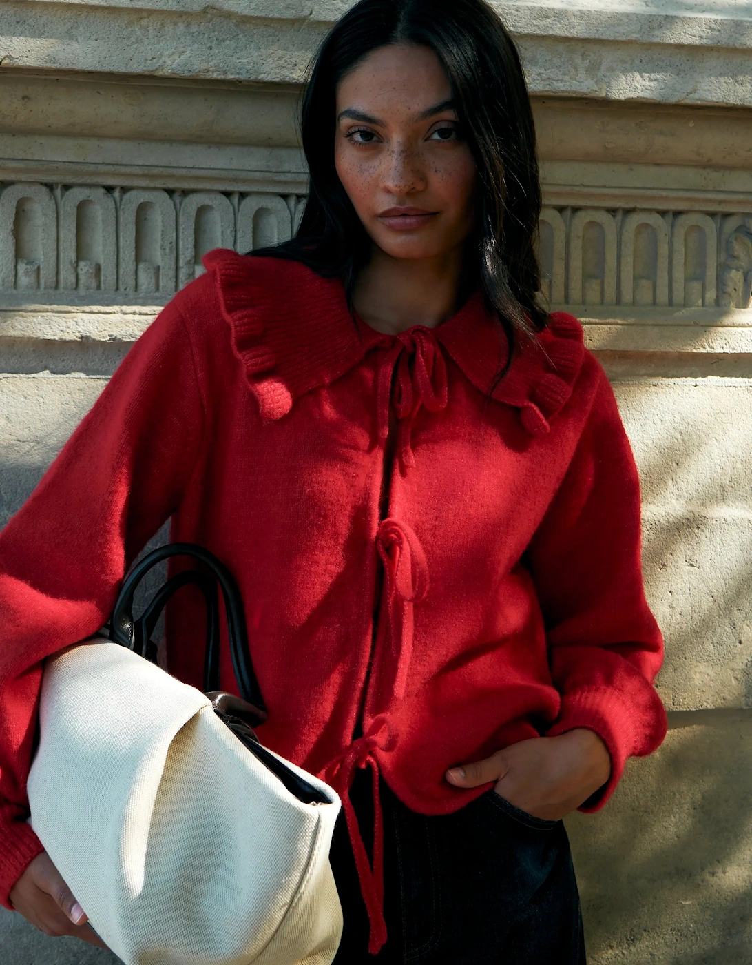 Red Tie Front Cardigan With Wool
