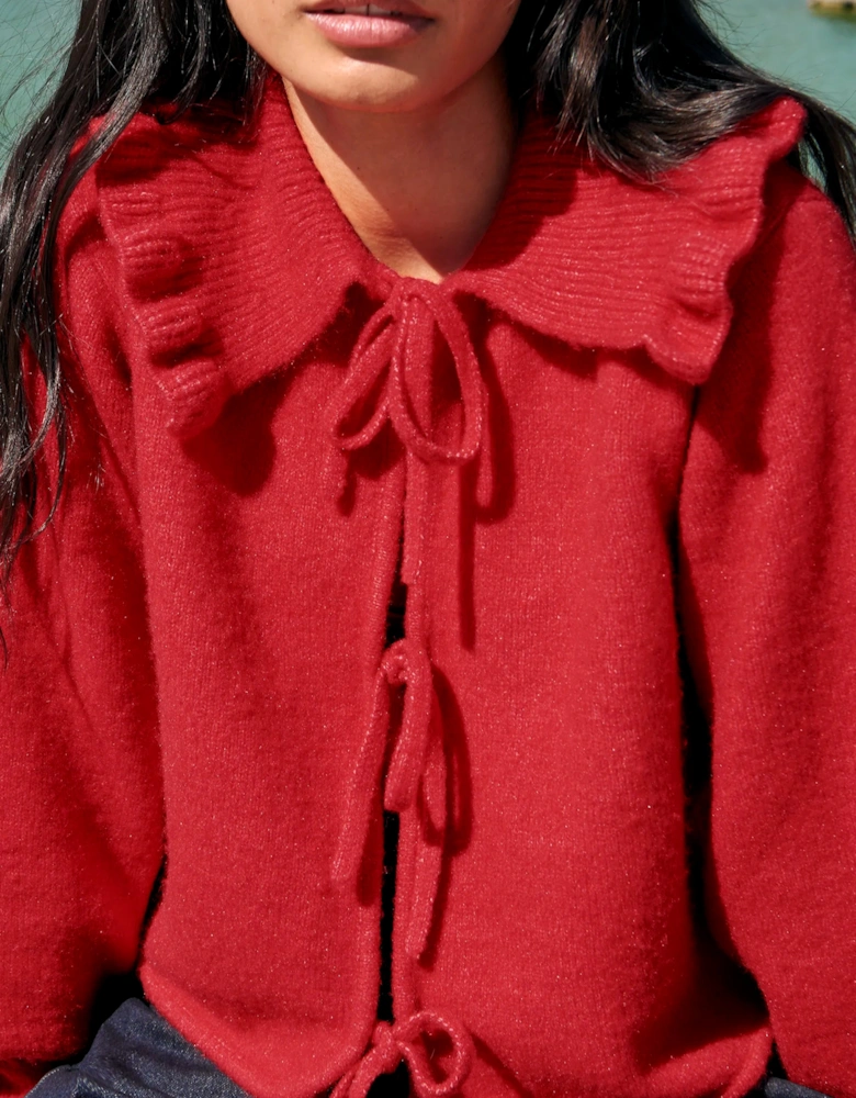 Red Tie Front Cardigan With Wool