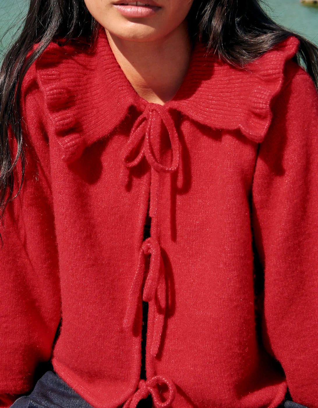 Red Tie Front Cardigan With Wool