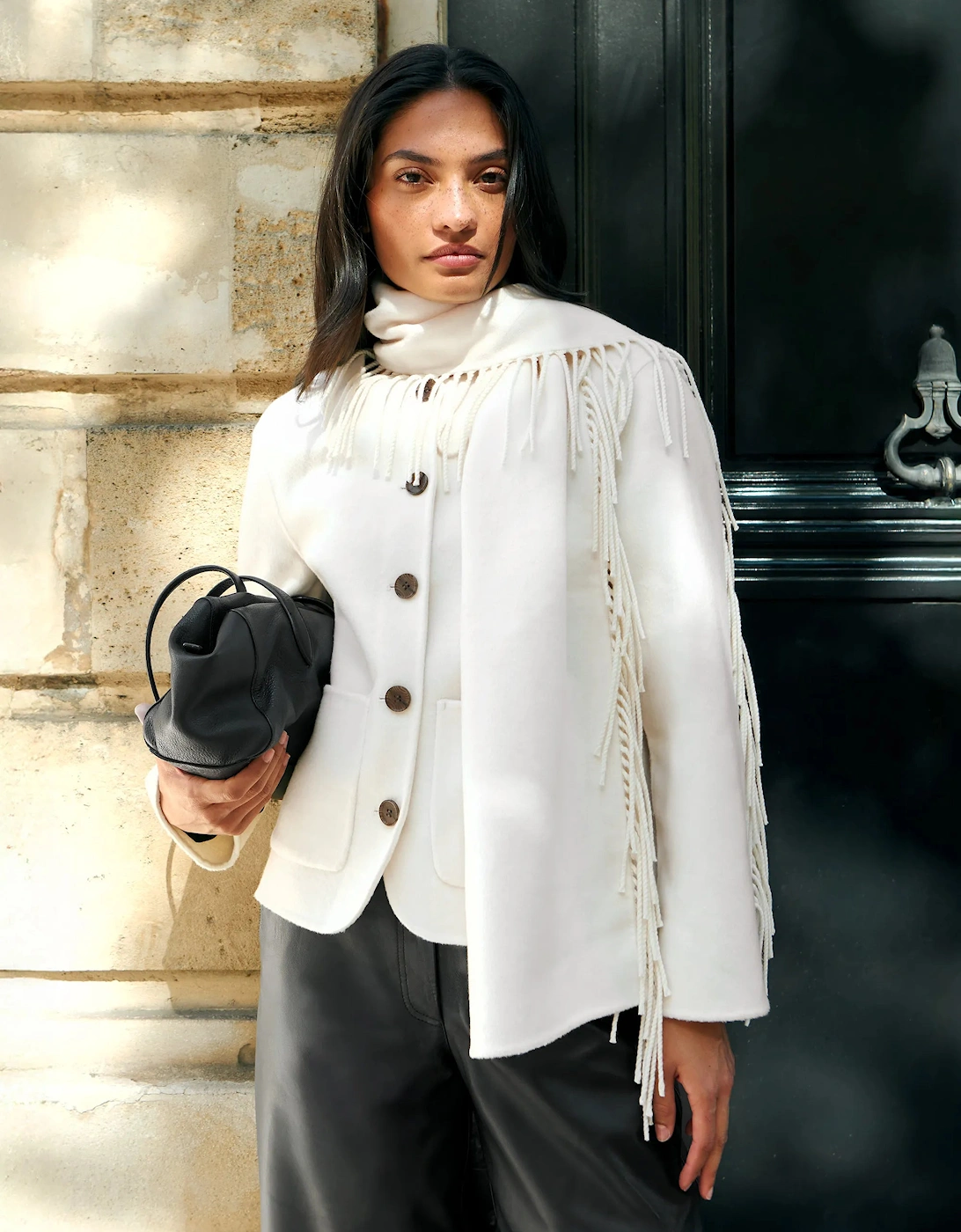 Cream Double-Faced Detachable Scarf Jacket With Wool