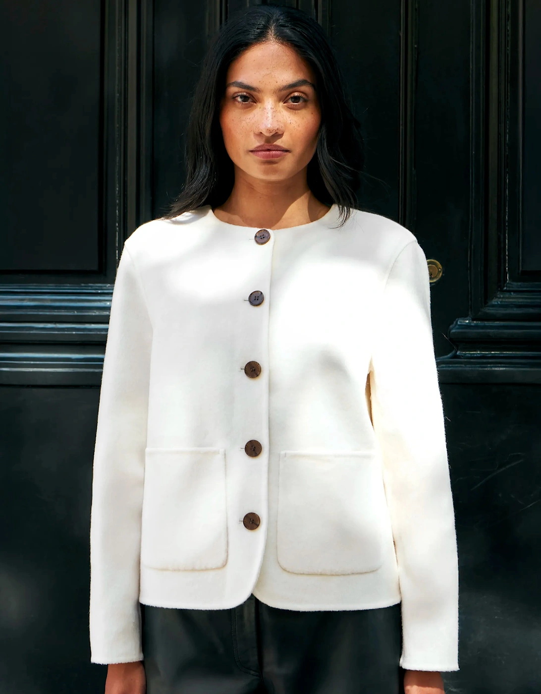 Cream Double-Faced Detachable Scarf Jacket With Wool