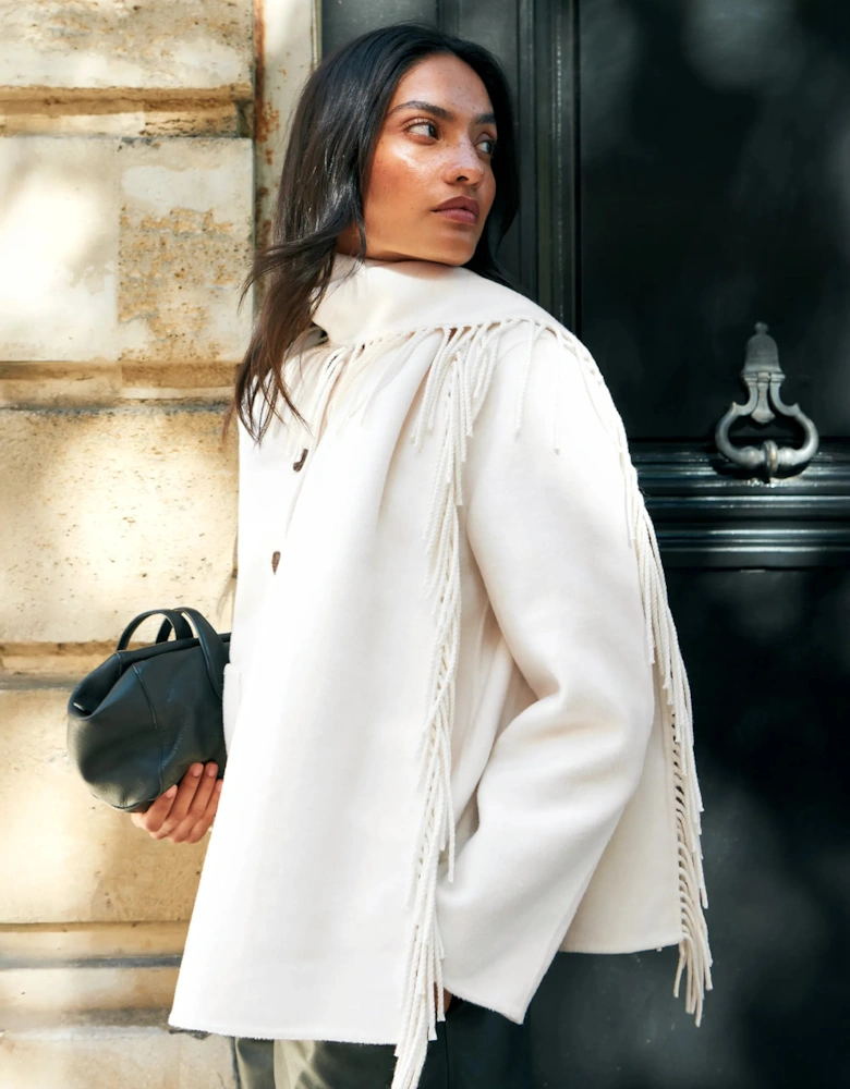 Cream Double-Faced Detachable Scarf Jacket With Wool