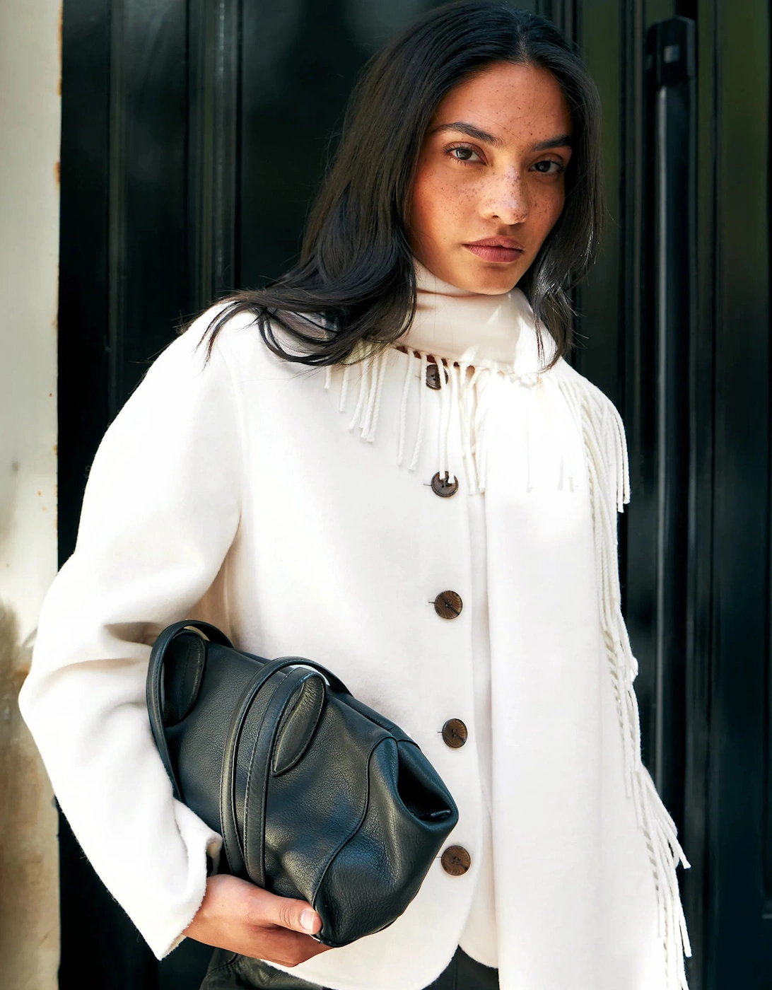 Cream Double-Faced Detachable Scarf Jacket With Wool