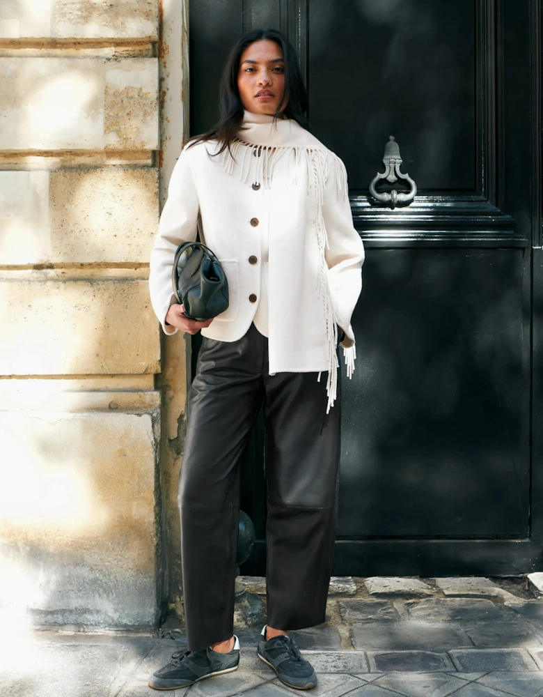 Cream Double-Faced Detachable Scarf Jacket With Wool