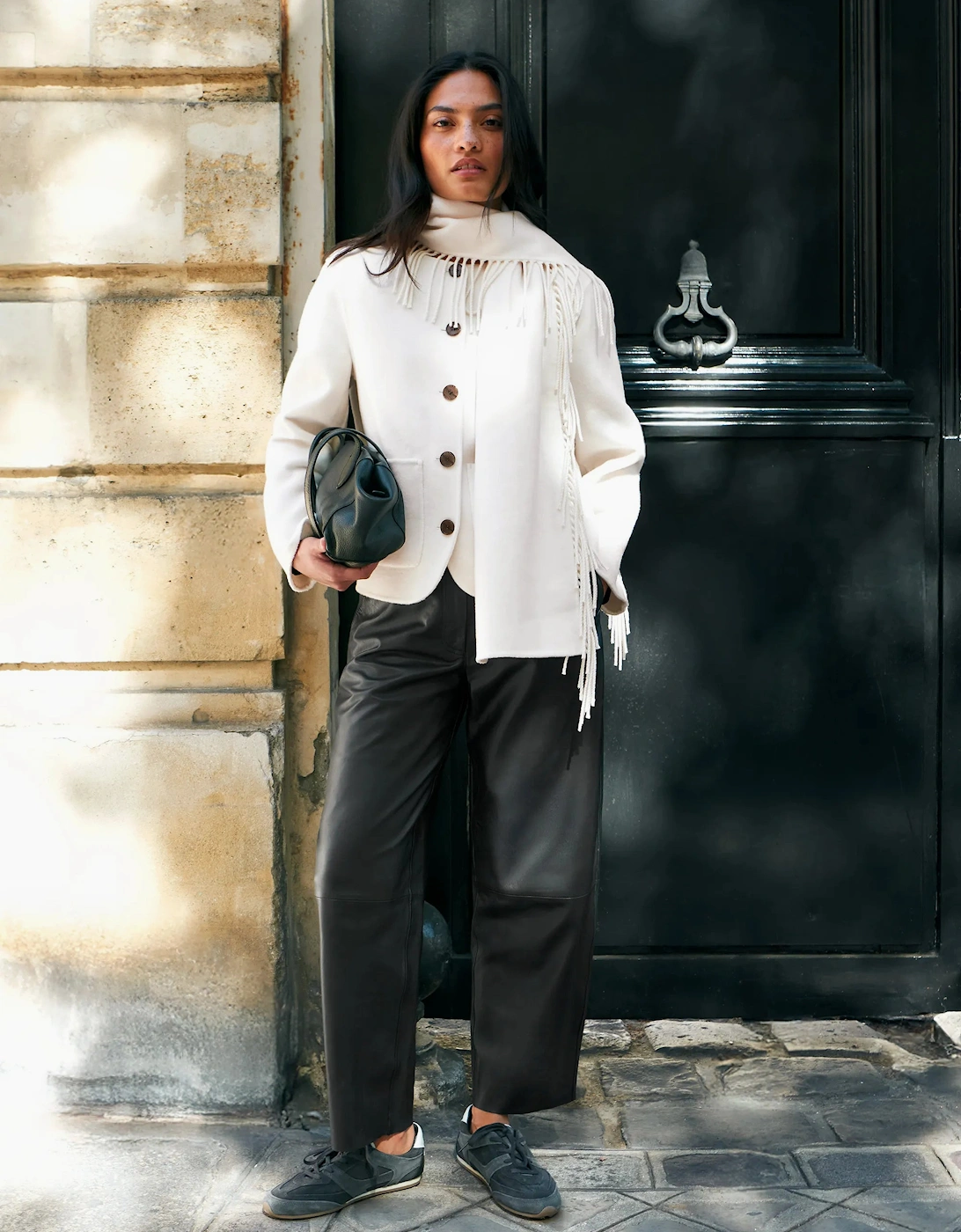 Cream Double-Faced Detachable Scarf Jacket With Wool
