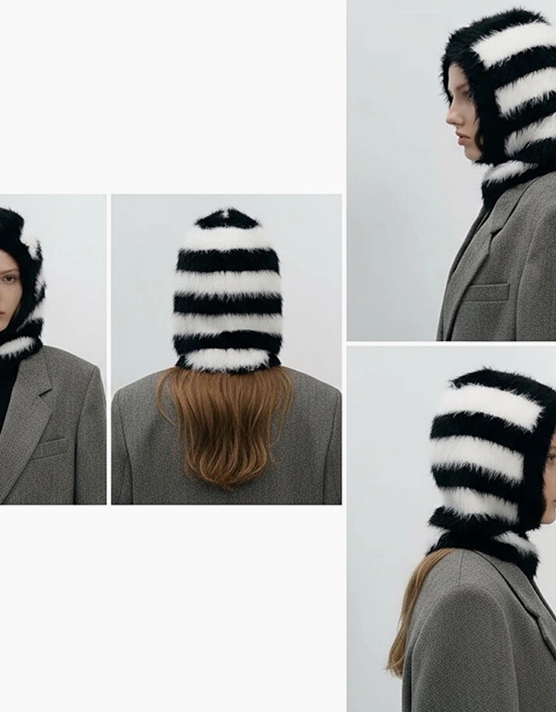 Black And White Striped Fuzzy Balaclava