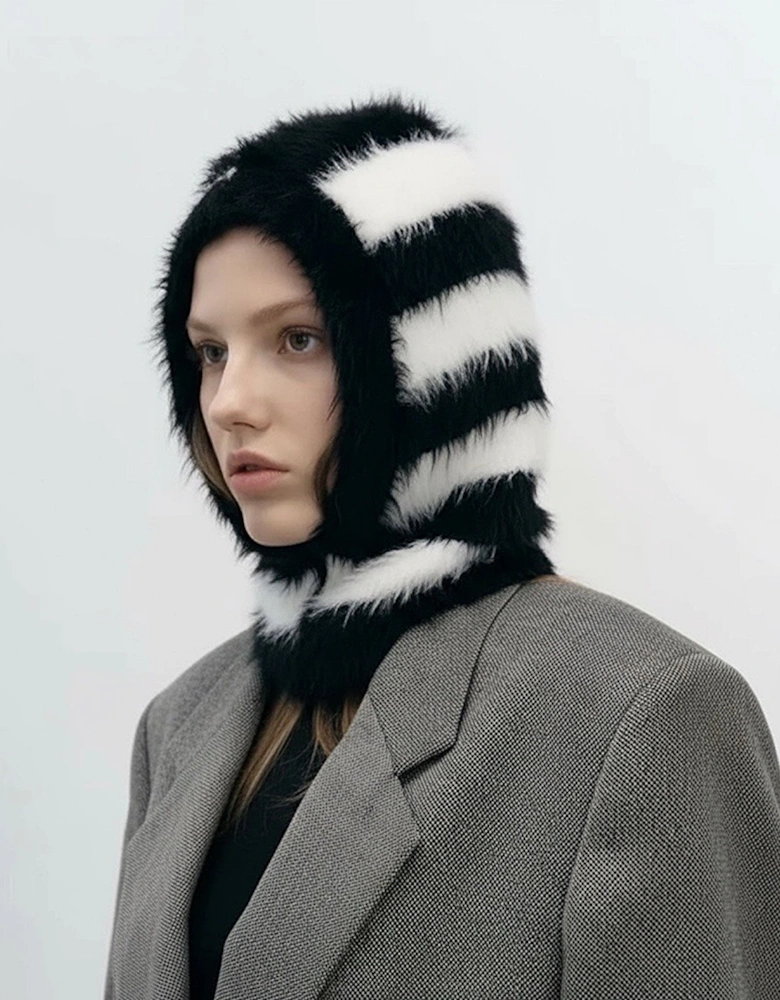 Black And White Striped Fuzzy Balaclava