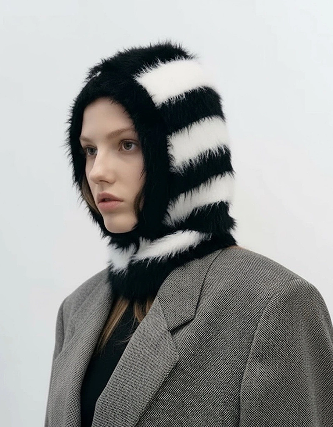 Black And White Striped Fuzzy Balaclava