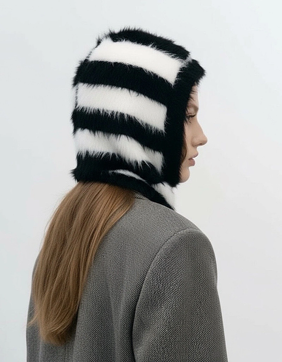 Black And White Striped Fuzzy Balaclava