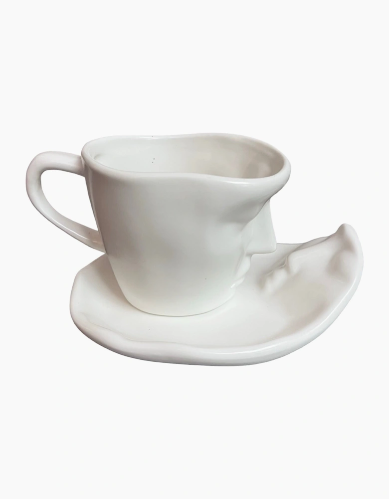 White Sculptural Face Cup And Saucer